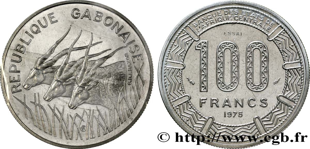 GABUN Essai de 100 Francs type “BCEAC”, antilopes 1975 Paris ST 