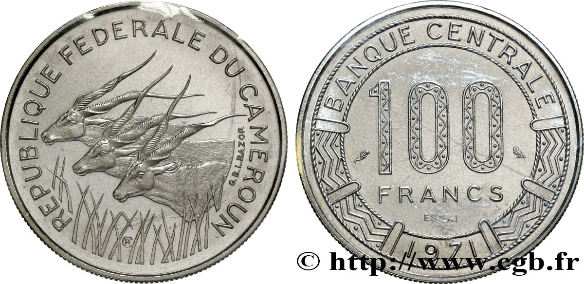 CAMEROUN Essai de 100 Francs République Fédérale du Cameroun, antilopes 1971 Paris FDC 