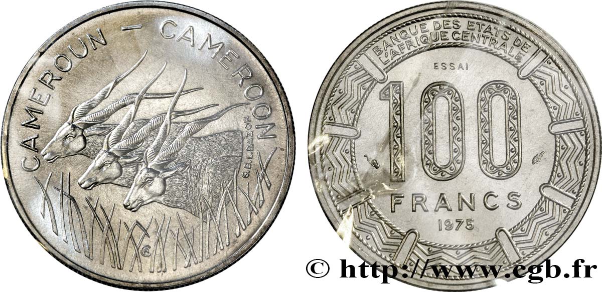 CAMEROON Essai de 100 Francs légende bilingue, type BEAC antilopes 1975 Paris MS 