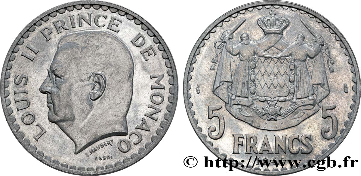 MONACO Essai de 5 Francs Louis II 1945 Paris ST 