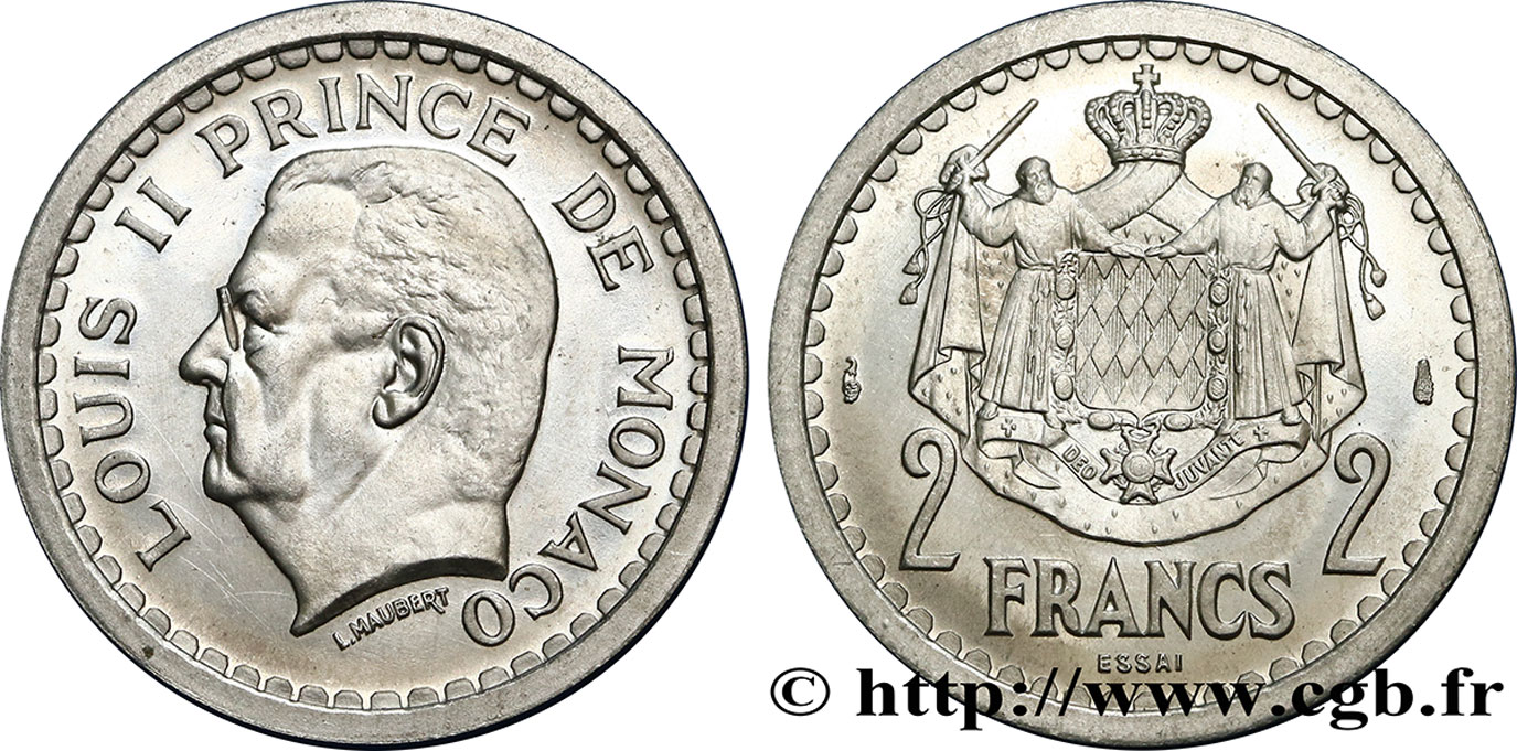 MONACO Essai de 2 Francs aluminium Louis II n.d. Paris ST 