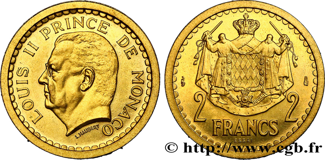 MONACO Essai de 2 Francs bronze-aluminium Louis II (1943) Paris MS 