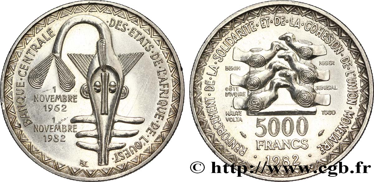WESTAFRIKANISCHE LÄNDER 5000 Francs masque / oiseau 20e anniversaire de l’Union Monétaire 1982  VZ 