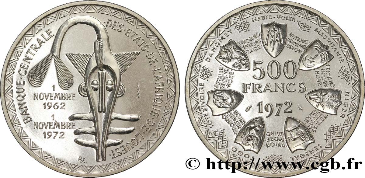 ESTADOS DE ÁFRICA DEL OESTE Essai 500 Francs masque / blason des différents états 1972 Paris SC 