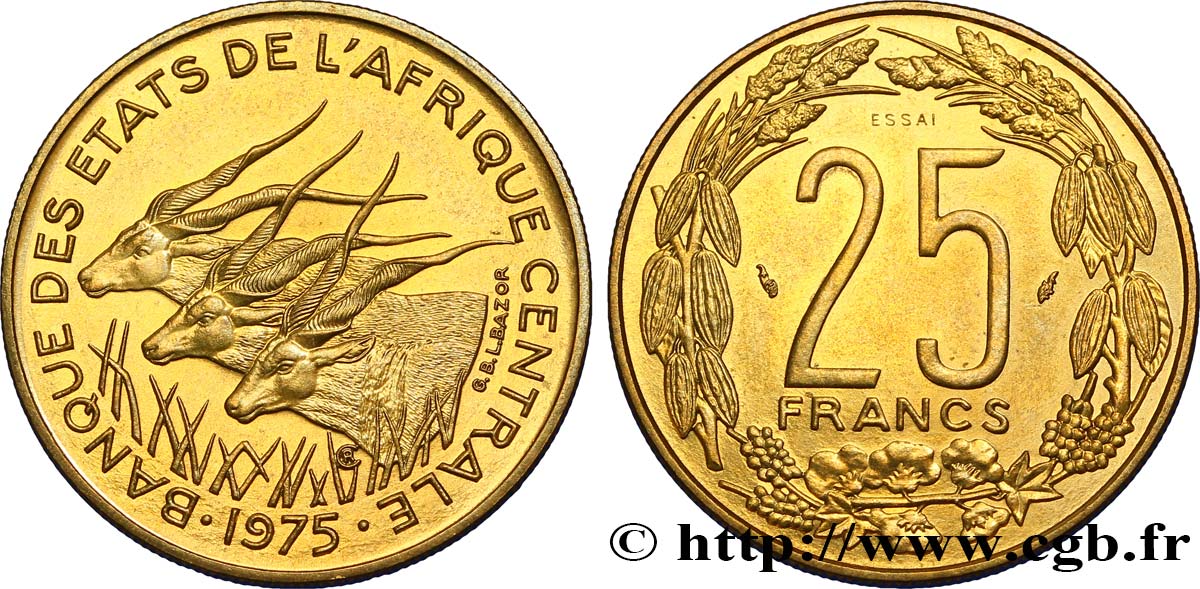 STATI DI L  AFRICA CENTRALE Essai de 25 Francs grandes antilopes 1975 Paris MS 