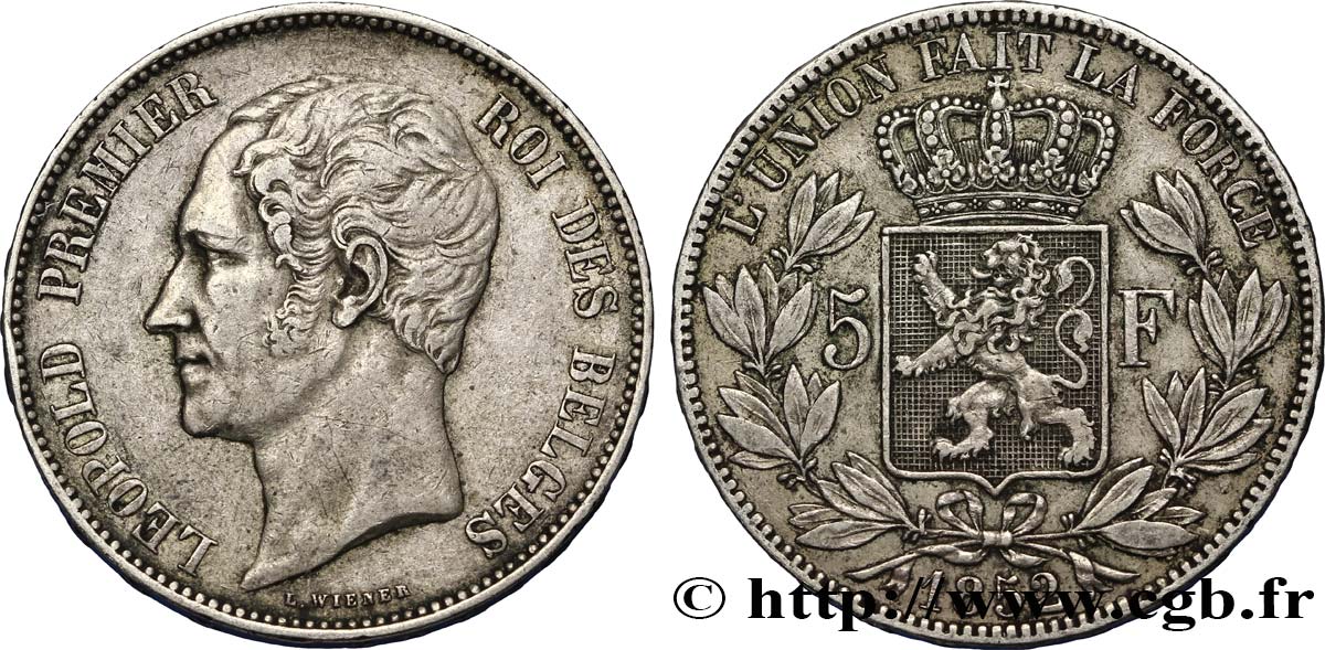 BELGIO 5 Francs Léopold Ier 1852 Bruxelles BB 
