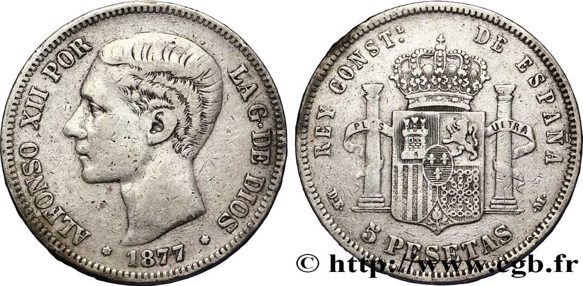 ESPAGNE 5 Pesetas Alphonse XII / emblème couronné (1877) D.E. - .M. 1877 Madrid TB+ 