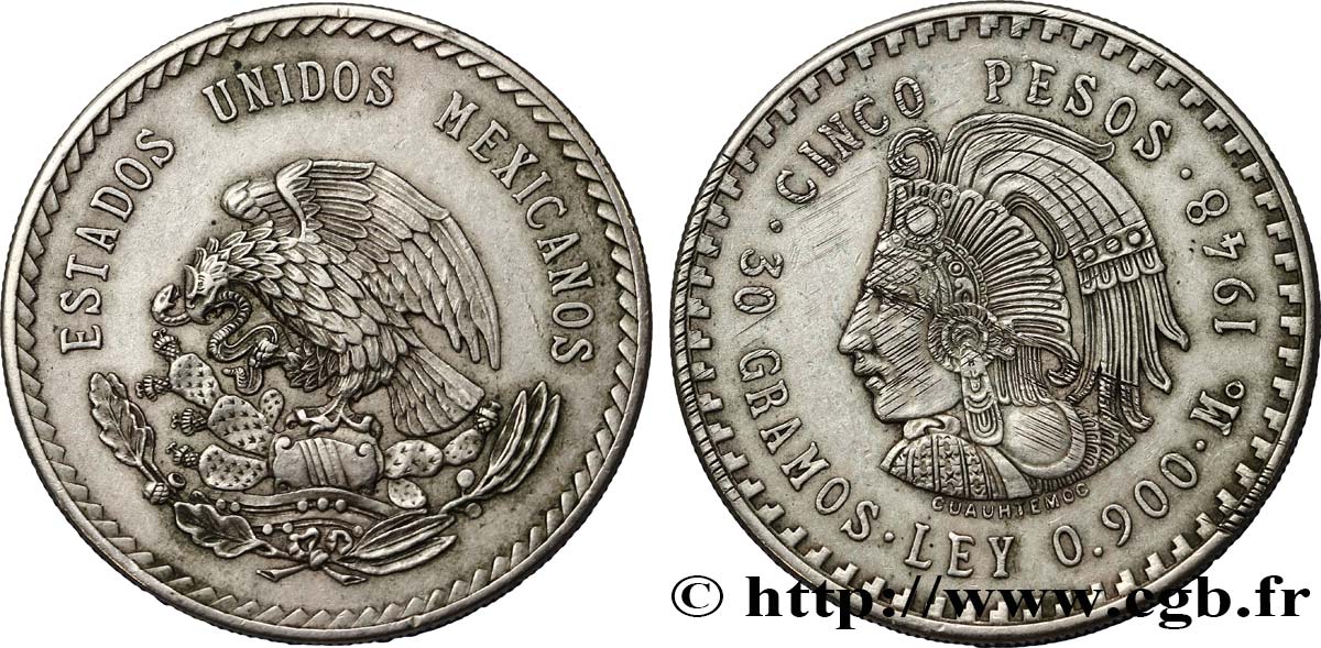 MEXIQUE 5 Pesos Aigle / buste de Cuauhtemoc 1948 Mexico TTB 