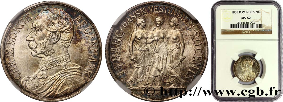 DANISH WEST INDIES (VIRGIN ISLANDS) 1 Franc (20 Cents) Frederik VII 1905  MS62 NGC