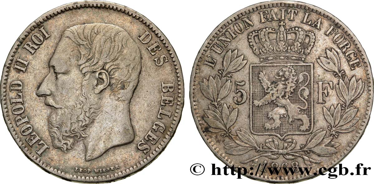 BELGIO 5 Francs Léopold II  1868  q.BB 