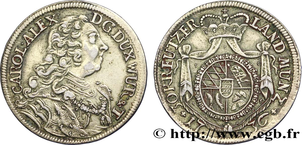 GERMANY - WÜRTTEMBERG 30 Kreuzer (1/2 Gulden ou1/3 Thaler 1736 Stuttgart XF 