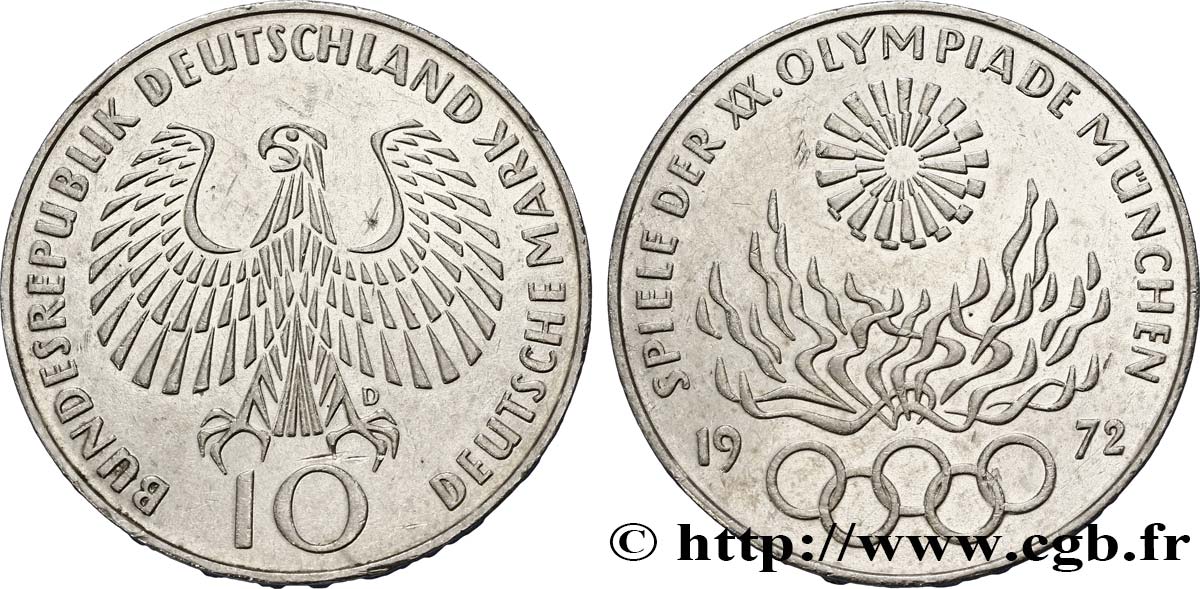 GERMANIA 10 Mark / XXe J.O. Munich - Flamme olympique 1972 Munich q.SPL 