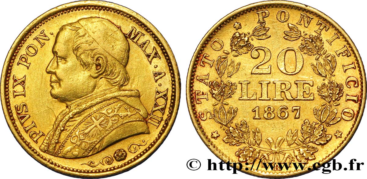 VATIKANSTAAT UND KIRCHENSTAAT 20 Lire Pie IX anno XXII 1867 Rome SS 