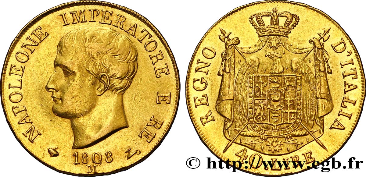 ITALIA - REINO DE ITALIA - NAPOLEóNE I 40 Lire or, 1er type, tranche en relief 1808 Milan MBC 