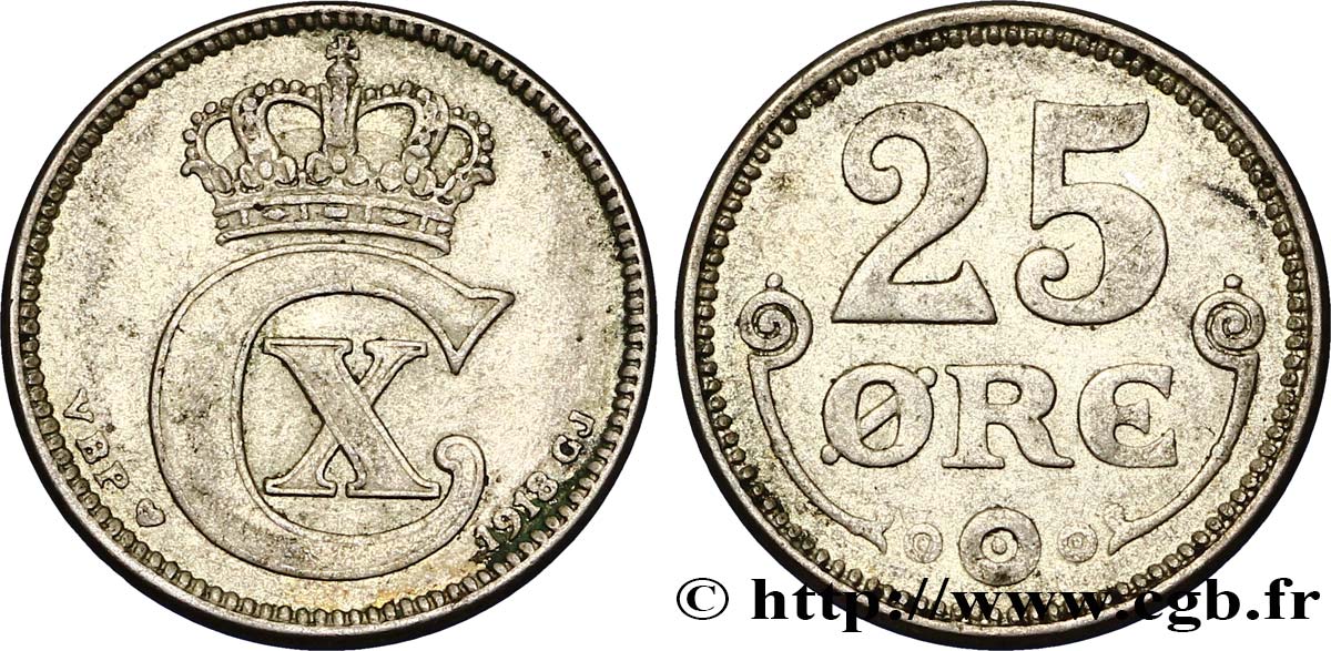 DINAMARCA 25 Ore monogramme de Christian X roi du Danemark 1918 Copenhague MBC 