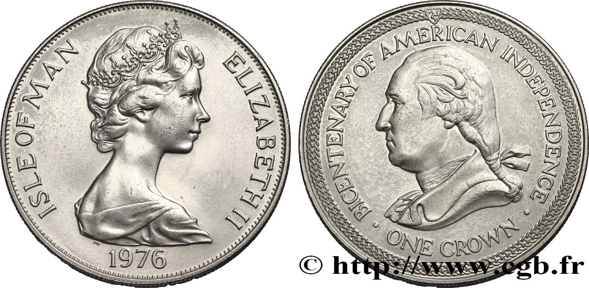 ISOLA DI MAN 1 Crown bicentenaire de la l’Indépendance américaine : Elisabeth II / Georges Washington 1976  SPL 