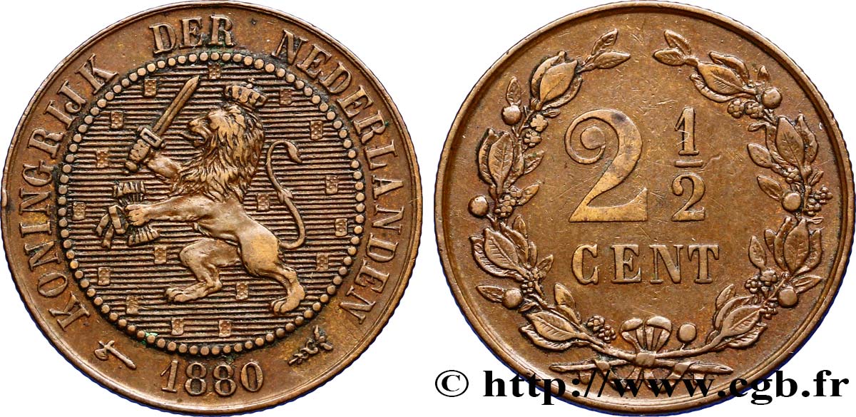 NETHERLANDS 2 1/2 Cents lion couronné 1880 Utrecht XF 