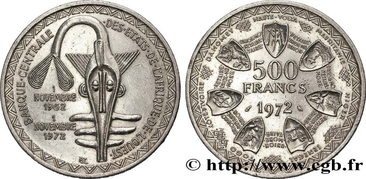 ESTADOS DE ÁFRICA DEL OESTE 500 Francs BCEAO 1972 Paris EBC 