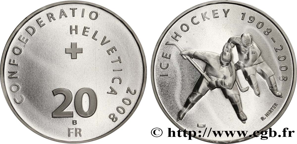 SUIZA 20 Francs Centenaire du hockey sur glace 2008 Berne FDC 