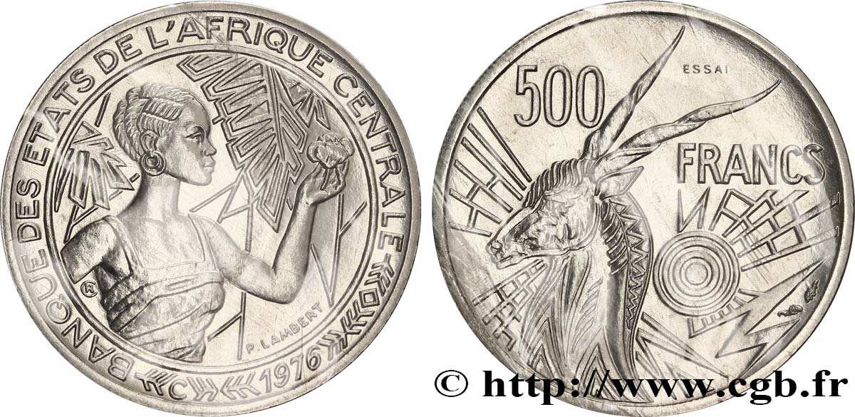 CENTRAL AFRICAN STATES Essai de 500 Francs femme / antilope lettre ‘C’ Congo 1976 Paris MS 