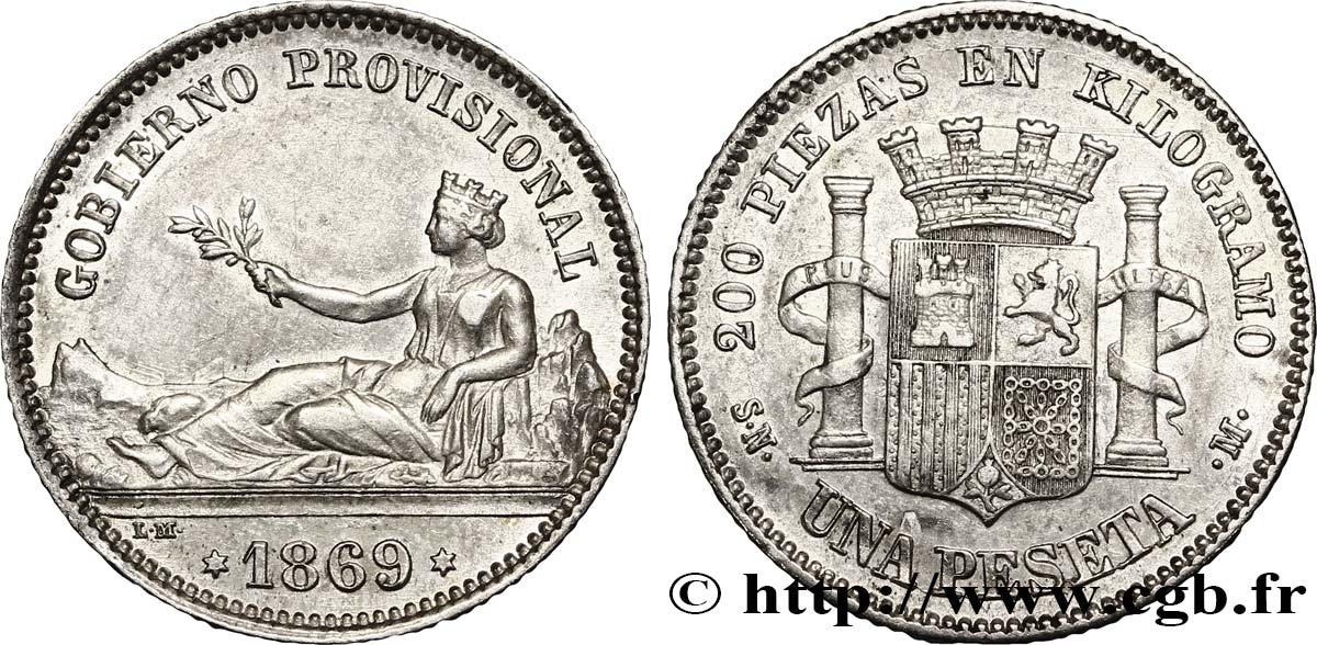 ESPAGNE 1 Peseta monnayage provisoire avec mention “Gobierno Provisional” 1869 Madrid SUP 
