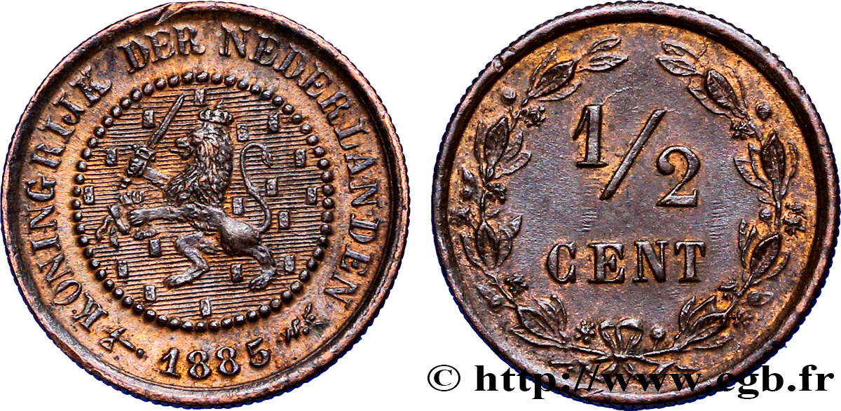 PAíSES BAJOS 1/2 Cent lion couronné 1885 Utrecht EBC 