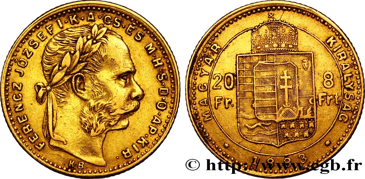 HONGRIE 20 Francs or ou 8 Forint François-Joseph Ier 1883 Kremnitz TTB 