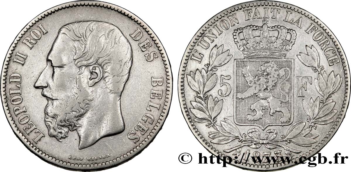 BELGIO 5 Francs Léopold II 1873  q.BB 