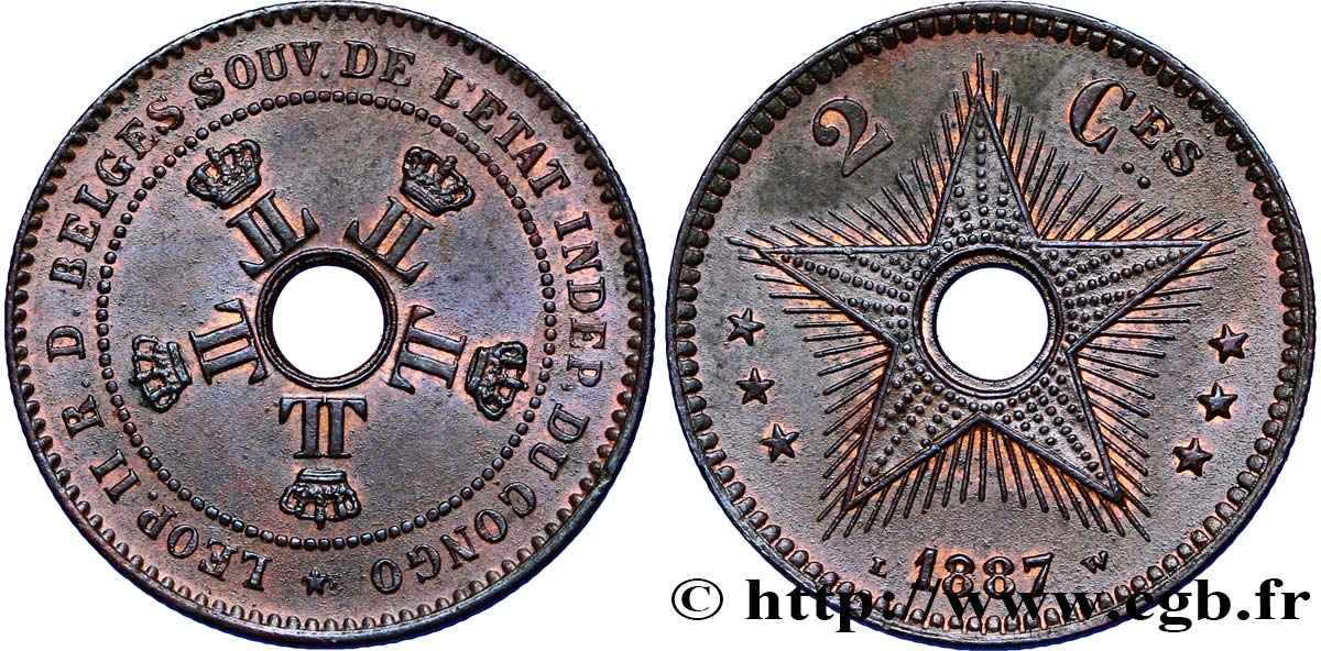 CONGO FREE STATE 2 Centimes monograme de Léopold II 1887  AU 
