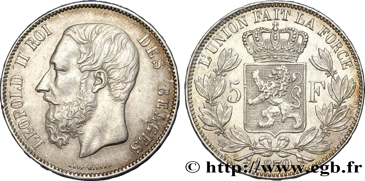 BELGIEN 5 Francs Léopold II 1870  fVZ 