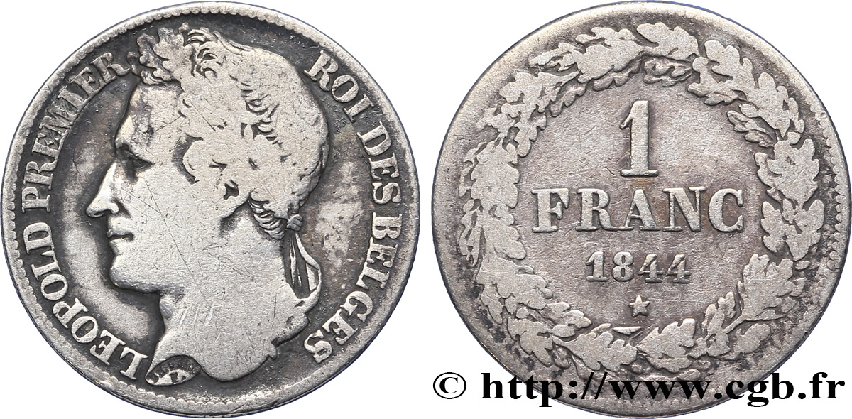 BELGIUM 1 Franc Léopold tête laurée 1844  VF 
