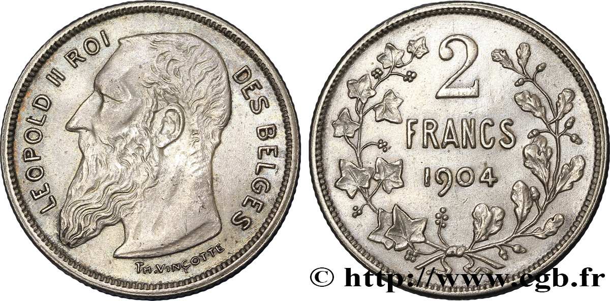 BELGIUM 2 Francs Léopold II légende française 1904  AU 