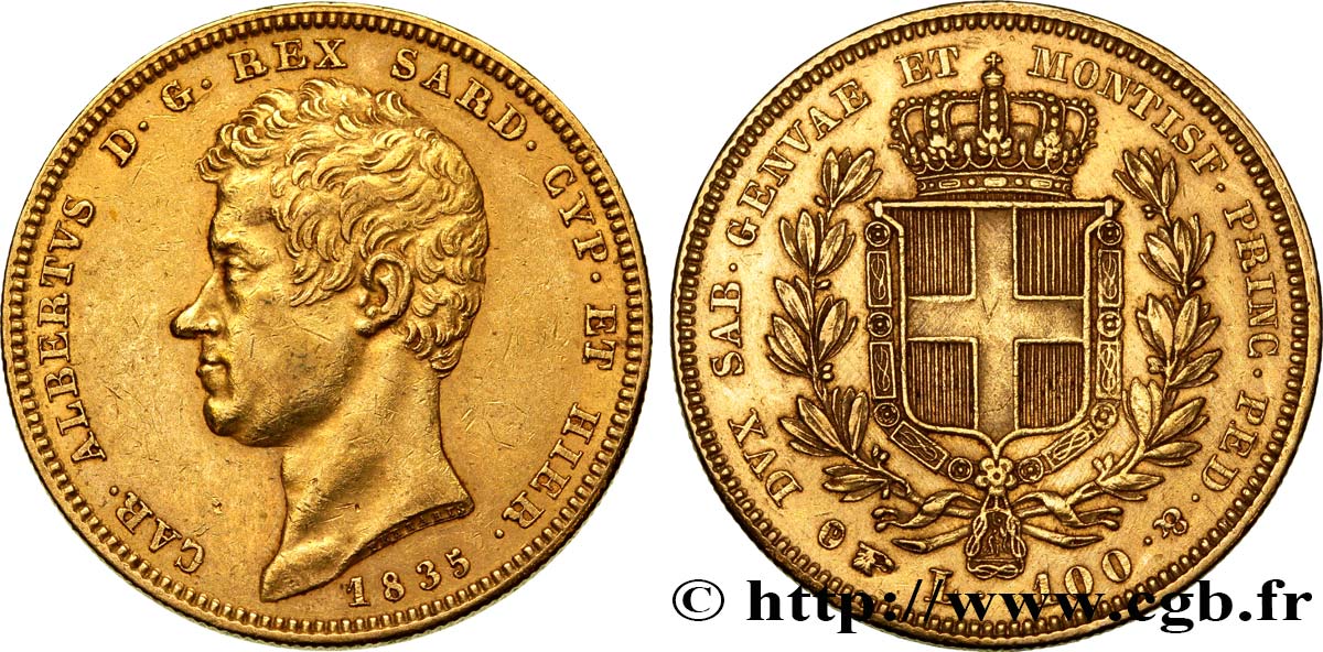 ITALIA - REGNO DE SARDINIA 100 Lire or Charles-Albert roi de Sardaigne  1835 Turin q.SPL 