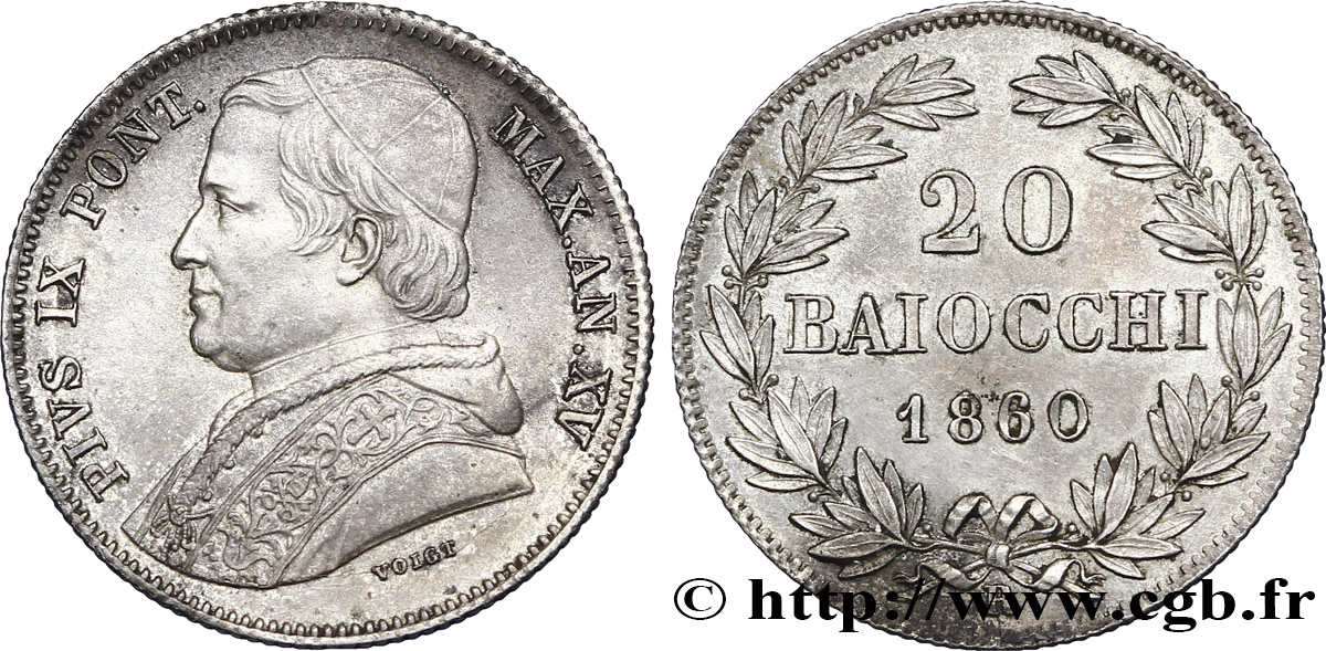 ITALY - PAPAL STATES - PIUS IX (Giovanni Maria Mastai Ferretti) 20 Baiocchi an XV 1860 Rome AU 