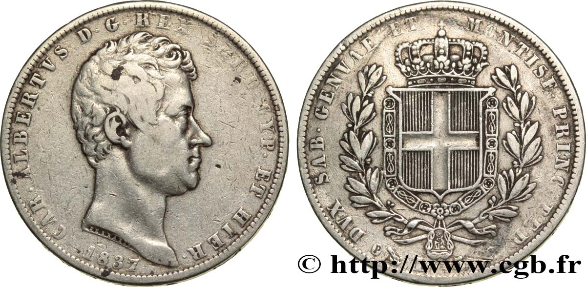 ITALY - KINGDOM OF SARDINIA 5 Lire Charles Albert, roi de Sardaigne 1837 Gênes VF 