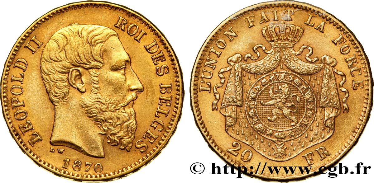 BÉLGICA 20 Francs or Léopold II  4e type 1870 Bruxelles MBC+ 
