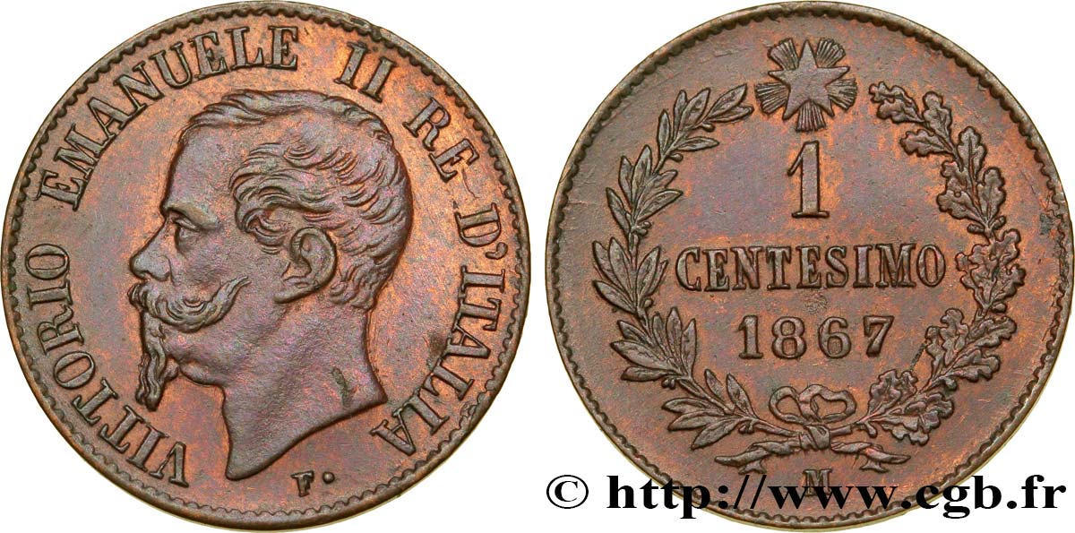 ITALIA 1 Centesimo Victor Emmanuel II 1867 Milan - M SC 