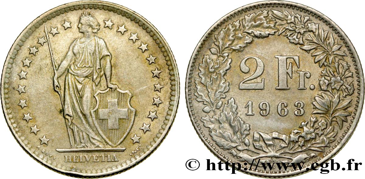 SWITZERLAND 2 Francs Helvetia 1963 Berne AU 