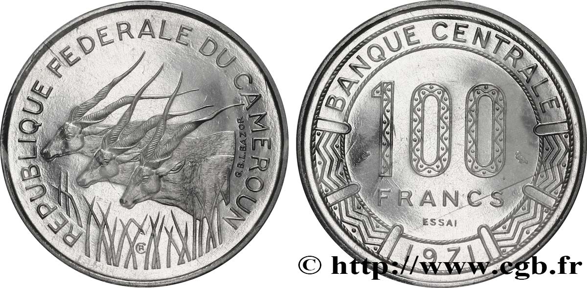 CAMERúN Essai de 100 Francs République Fédérale du Cameroun, antilopes 1971 Paris FDC 