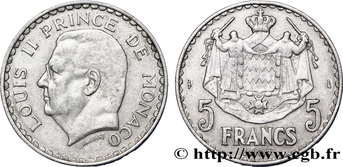 MONACO 5 Francs Louis II / armoiries 1945 Paris XF 