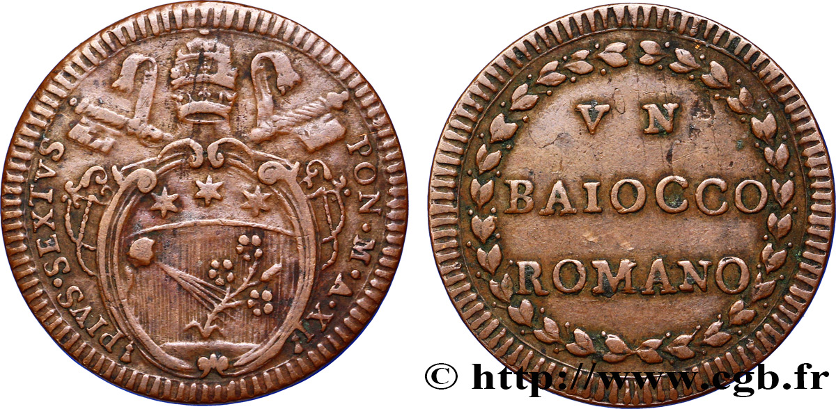 VATICAN AND PAPAL STATES 1 Baiocco au nom de Pie VI an XI 1786 Rome XF 