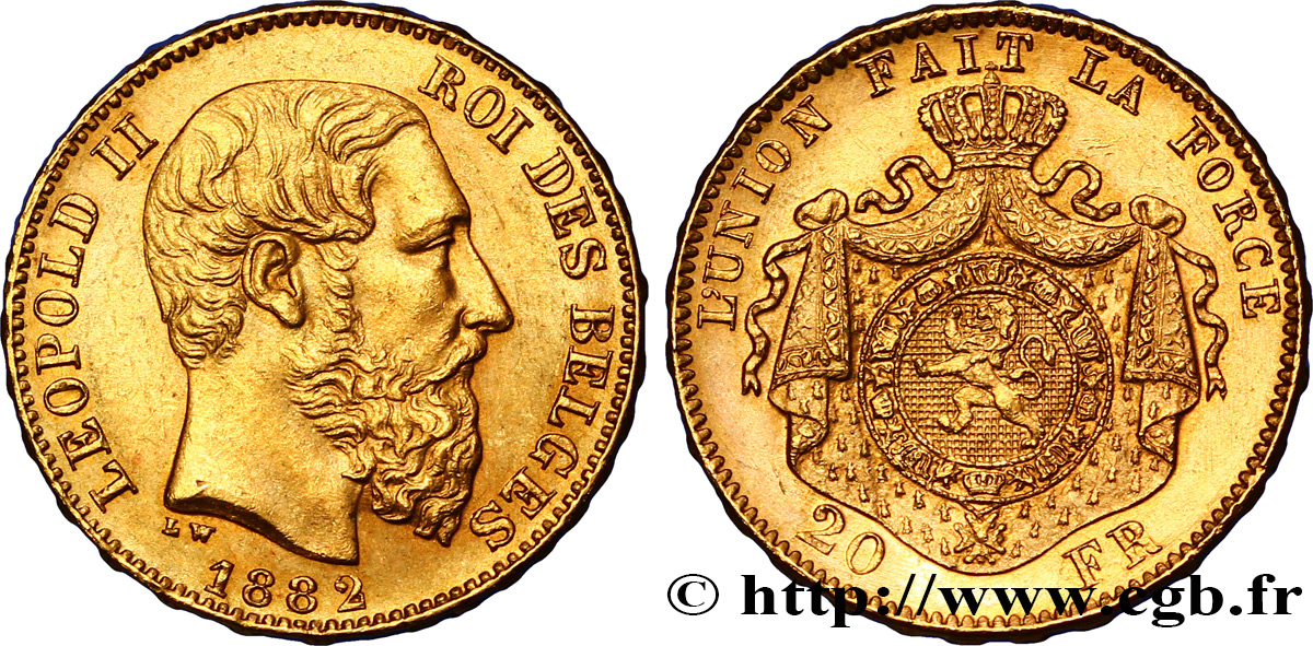 BELGIEN 20 Francs Léopold II 1882 Bruxelles VZ+ 