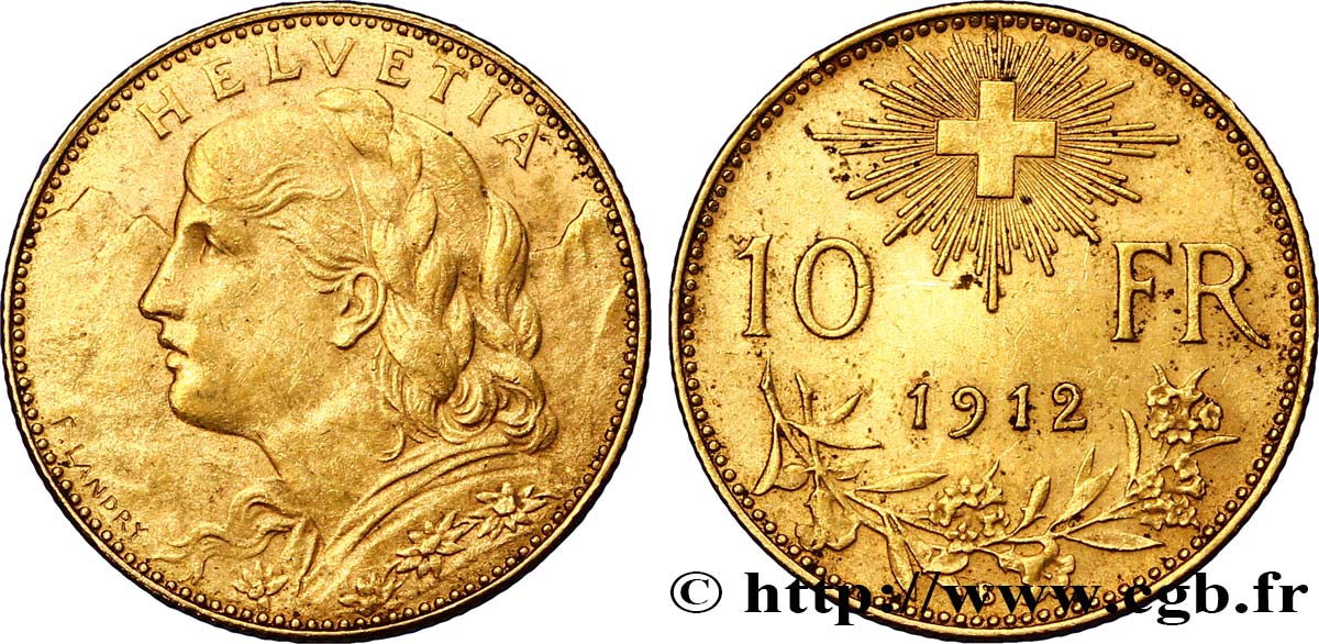 SWITZERLAND 10 Francs or  Vreneli  1912 Berne AU 