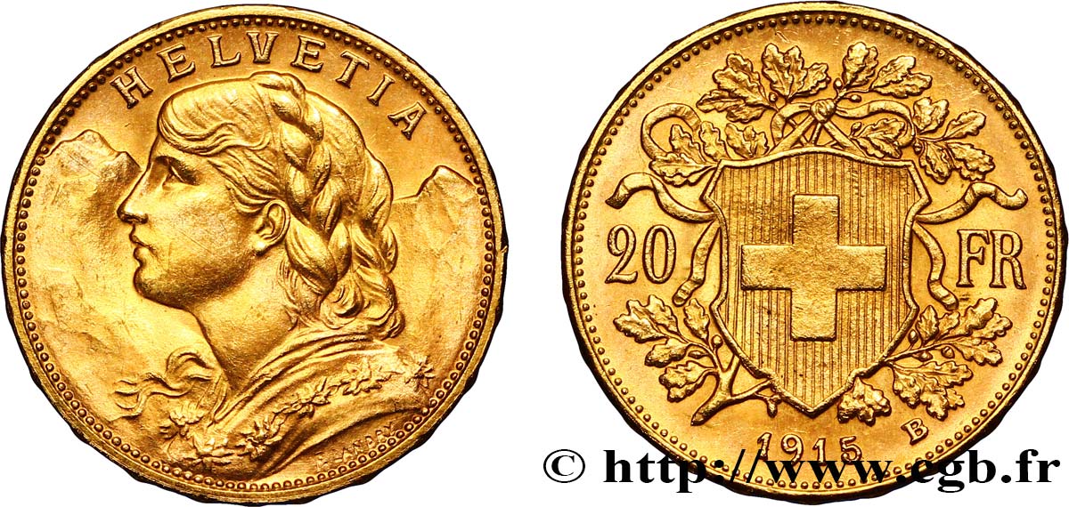 SCHWEIZ 20 Francs or  Vreneli  1915 Berne VZ 