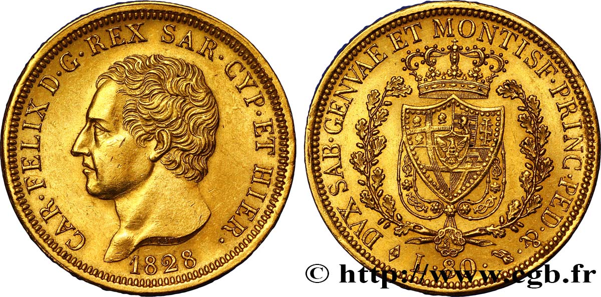 ITALIEN - KÖNIGREICH SARDINIEN 80 Lire or Charles Félix de Savoie 1828 Turin fVZ 