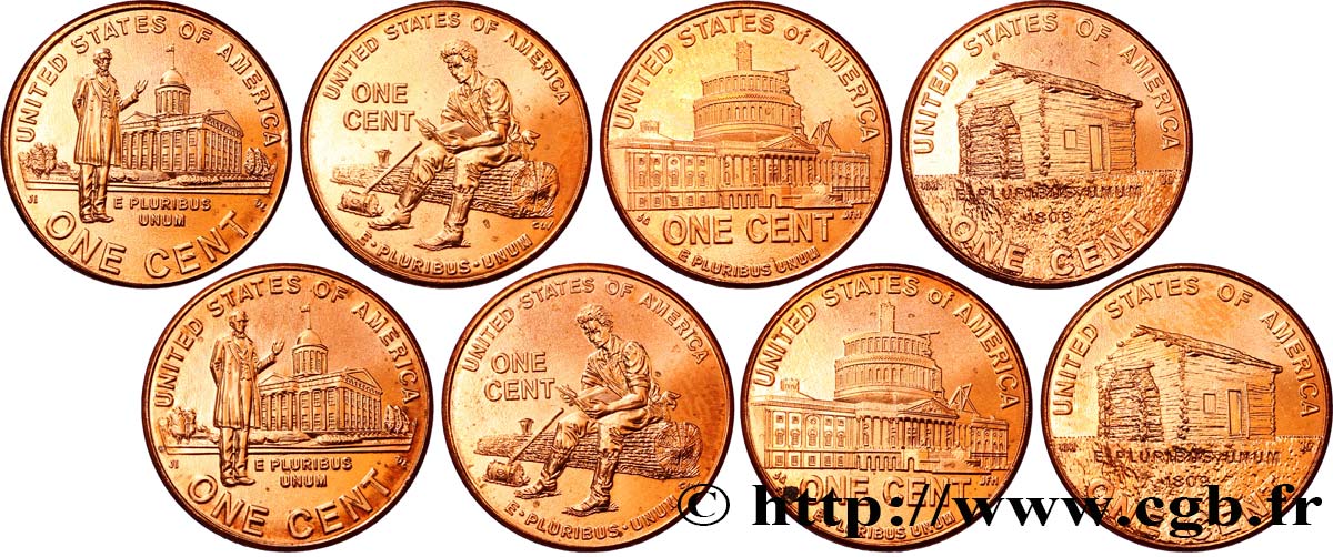 UNITED STATES OF AMERICA Série 8 Cents Commémoratifs Lincoln : les quatre types pour les deux ateliers 2009 Philadelphie+Denver MS 