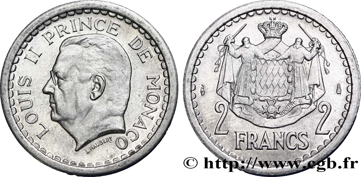 MONACO 2 Francs Louis II / armes 1943 Paris q.SPL 