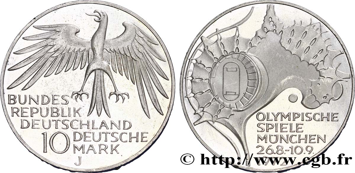 GERMANY 10 Mark / XXe J.O. Munich - Stade Olympique 1972 Hambourg - J AU 