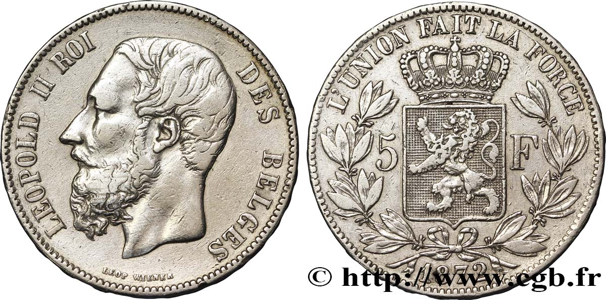 BELGIUM 5 Francs Léopold II tranche A 1872  VF 