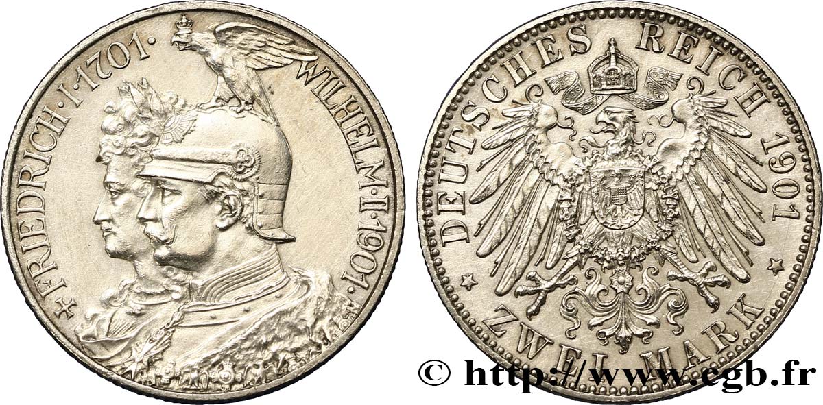 GERMANIA - PRUSSIA 2 Mark Guillaume II 200e anniversaire de la Prusse 1901 Berlin SPL 